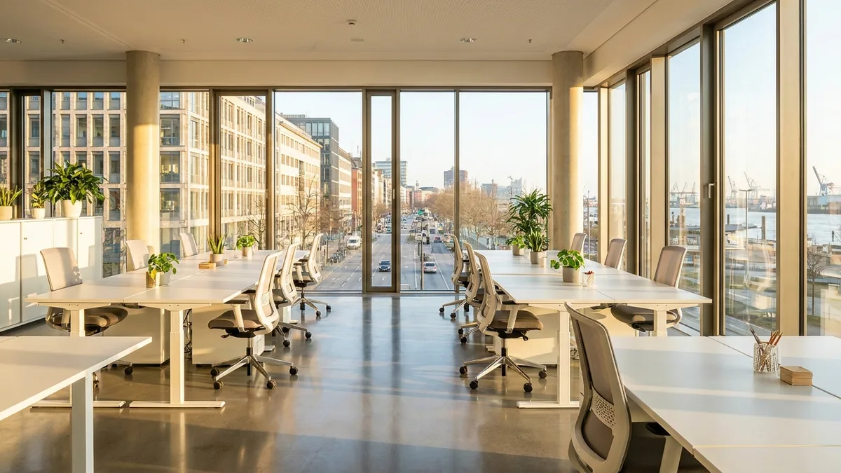 Sauber glänzendes modernes Büro in hellem Tageslicht – Büroreinigung Hamburg.