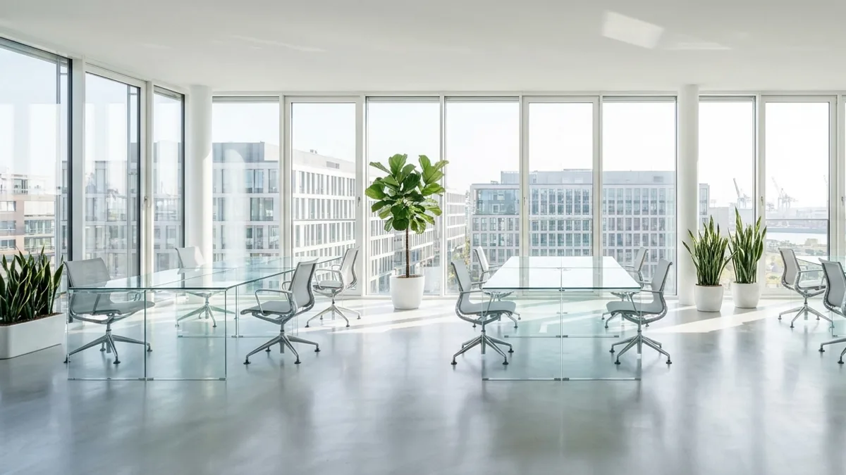 Helles, frisch gereinigtes modernes Büro mit großen Fensterfronten – professionelle Büroreinigung in Hamburg.