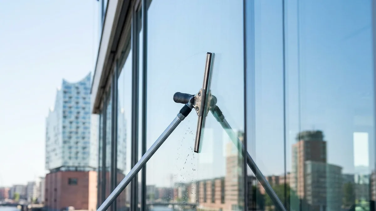 Professionelle und streifenfreie Fensterreinigung Hamburg an einer modernen Glasfassade bei hellem Tageslicht.