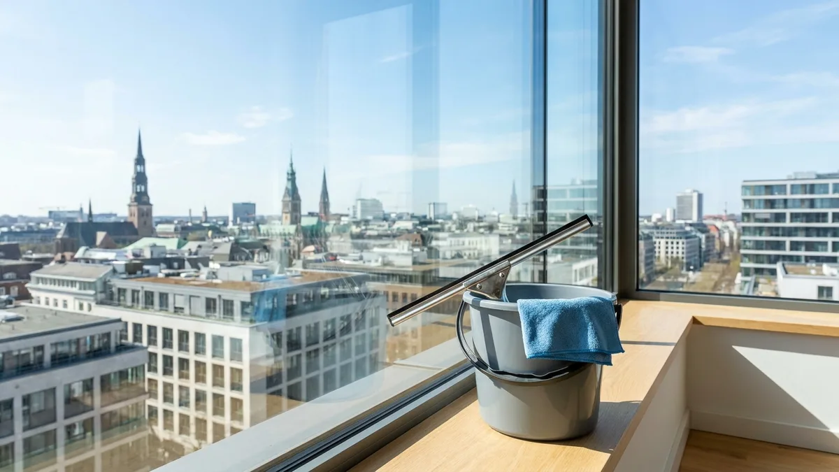 Professionelle Fensterreinigung in Hamburg mit Blick auf die Stadt bei hellem Tageslicht für streifenfreien Glanz.