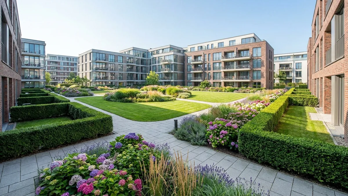 Professionelle Gartenpflege in Hamburg für eine gepflegte Außenanlage mit grünem Rasen und geschnittenen Hecken.