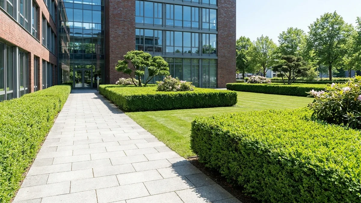 Gepflegte Außenanlagen und Rasenfläche bei einer professionellen Gartenpflege Hamburg für Gewerbeobjekte.