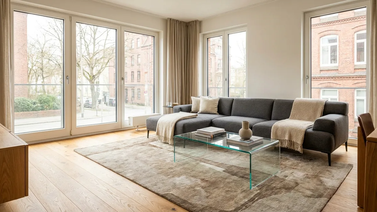 Helles und aufgeräumtes Wohnzimmer nach einer professionellen Haushaltsreinigung Hamburg