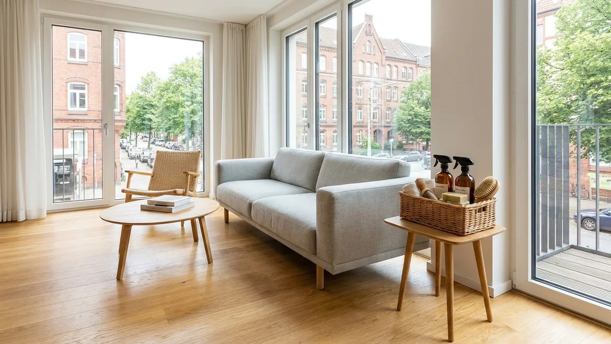 Helles, frisch gereinigtes Wohnzimmer als Beispiel für gründliche Haushaltsreinigung in Hamburg.