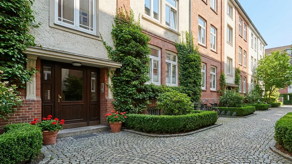 Gepflegter Eingangsbereich eines Wohngebäudes betreut durch einen professionellen Hausmeisterservice Hamburg.