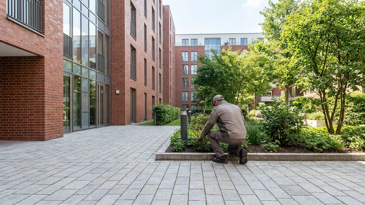 Professioneller Hausmeisterservice in Hamburg bei der Pflege von Außenanlagen einer Wohnanlage.