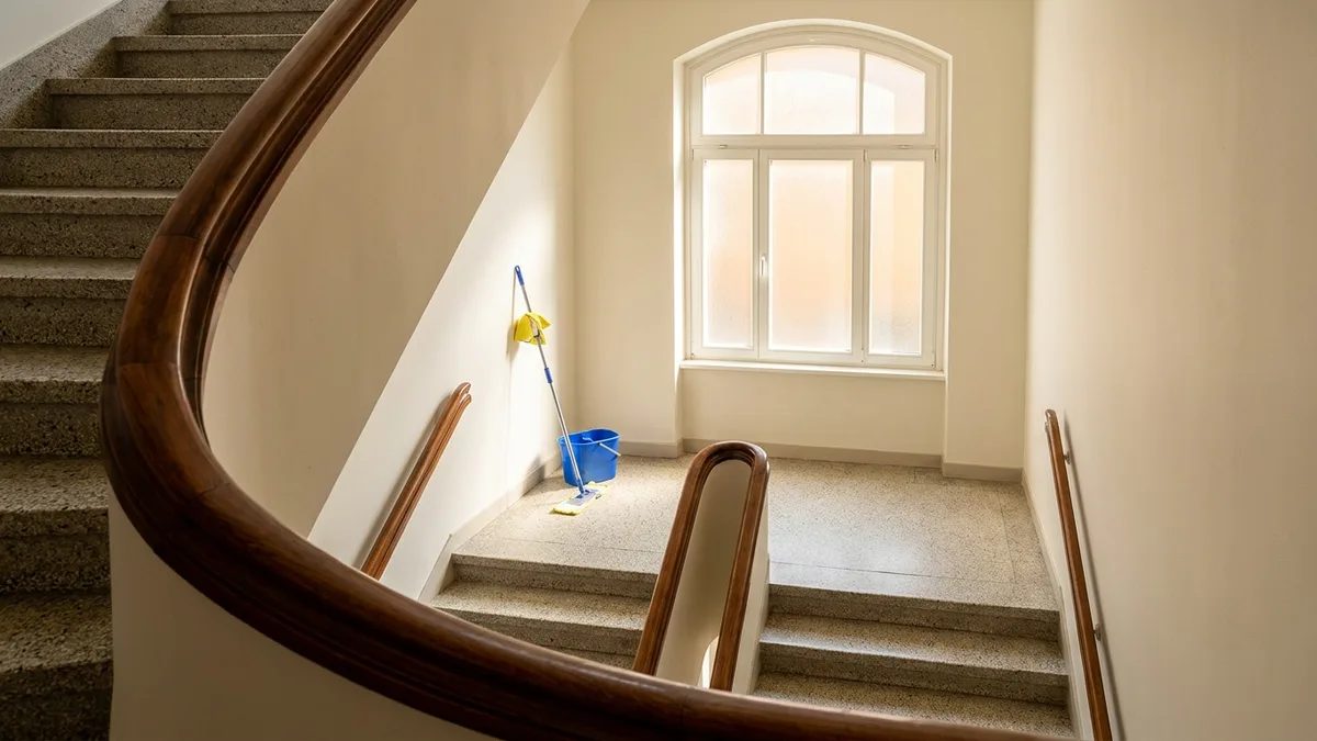 Gepflegtes Treppenhaus in Hamburg nach einer professionellen Treppenhausreinigung Hamburg mit glänzenden Stufen