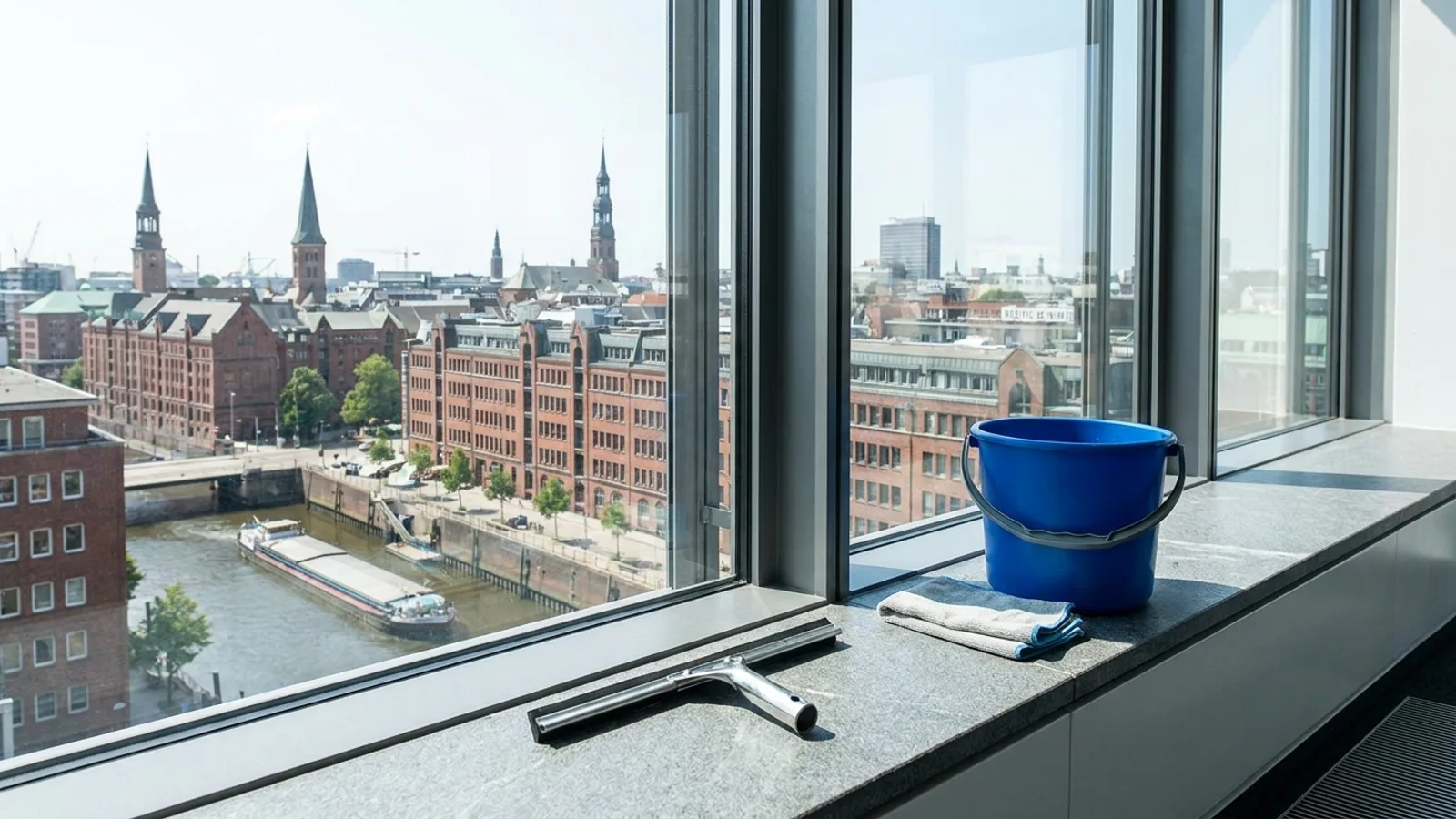 Streifenfrei gereinigte Fensterfront eines Hamburger Geschäftsgebäudes