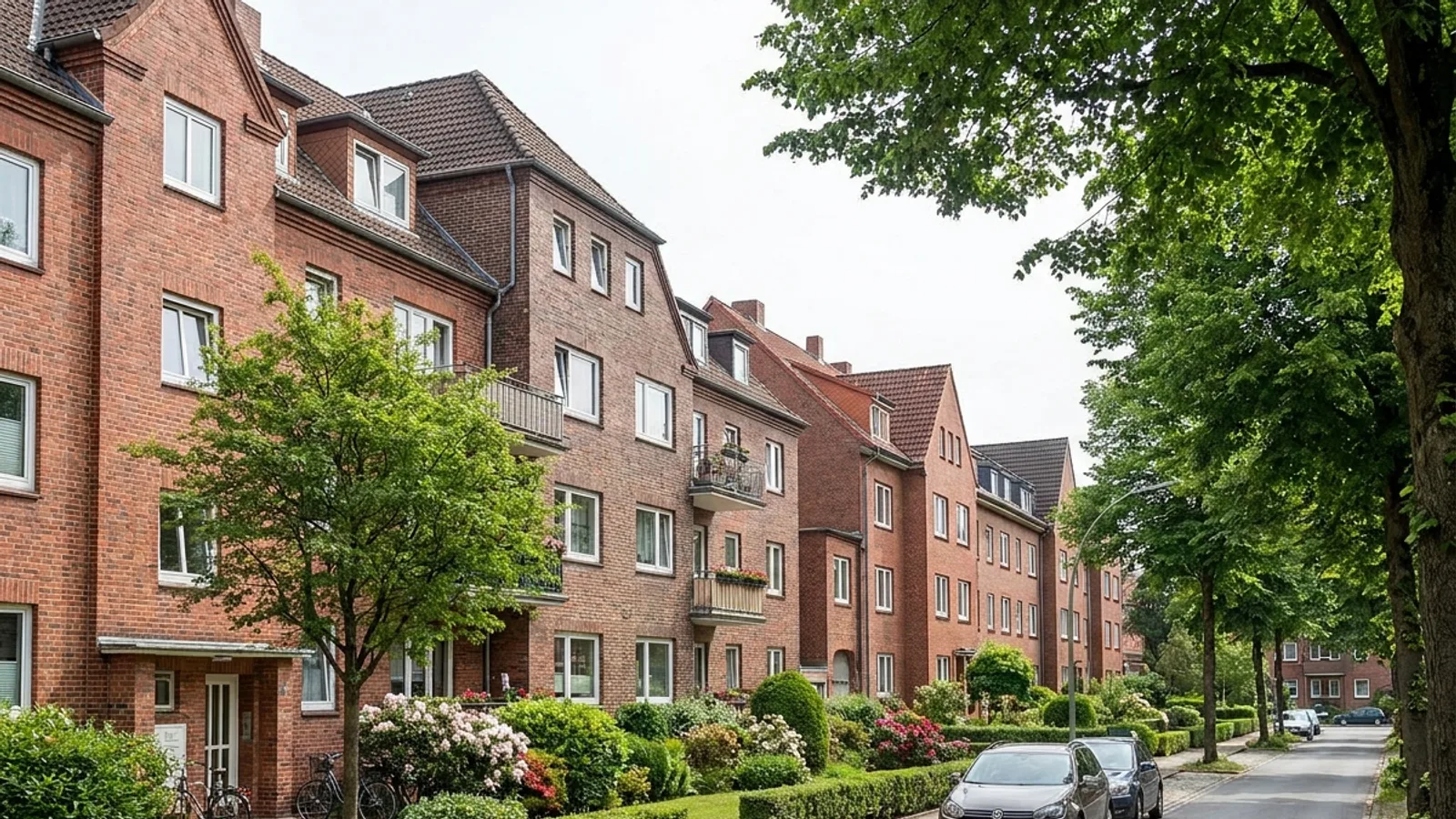 Gepflegte Wohnstraße mit Backsteinhäusern in Hamburg-Wandsbek
